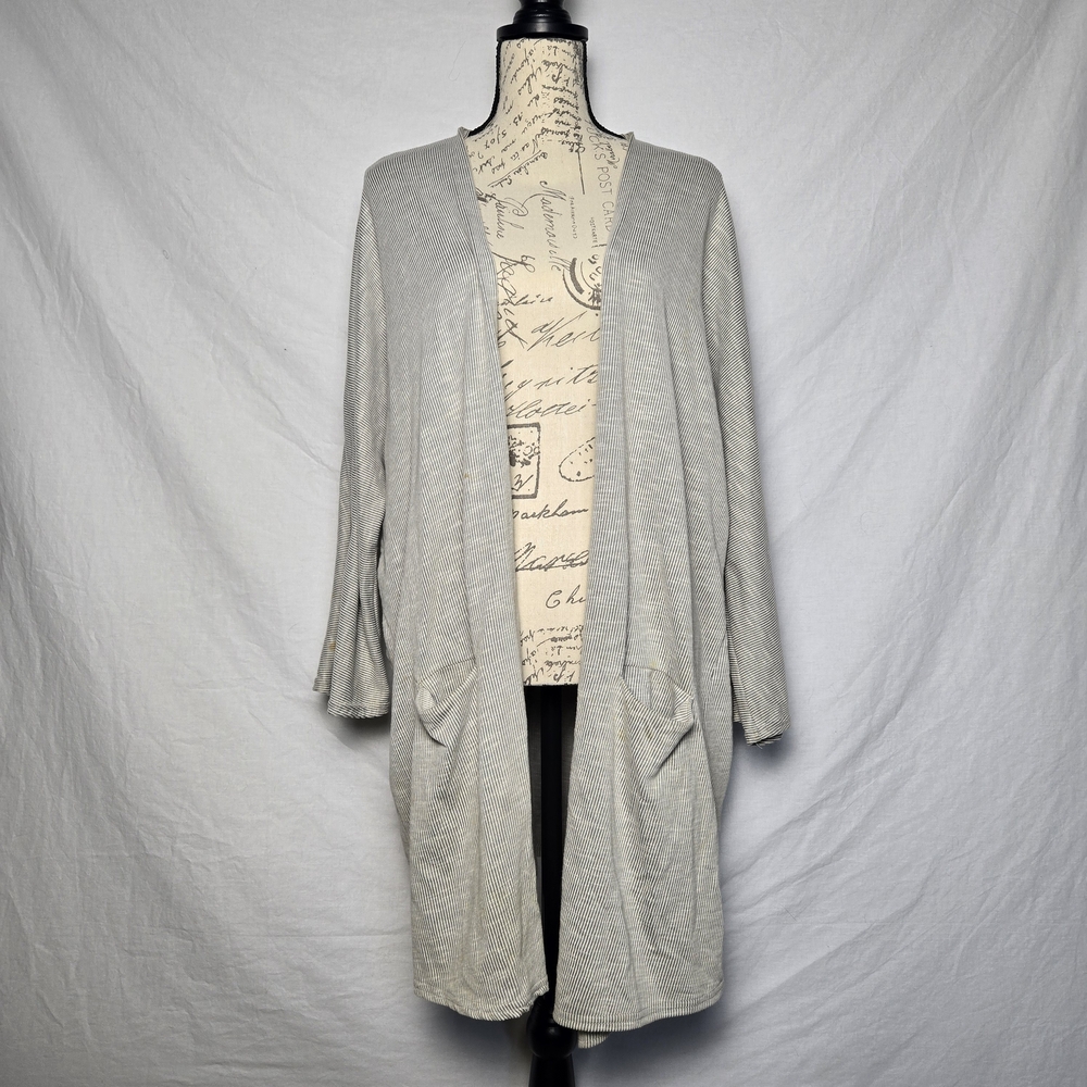 DONNI. Ribbed Duster Cardigan | Gray & White Striped Open Front | OSFA